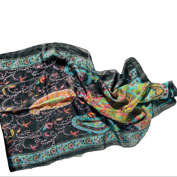 Vintage Rainbow Genuine Silk Paisley Rolled Hem Long Rectangular Women Men Scarf - Picture 1 of 16